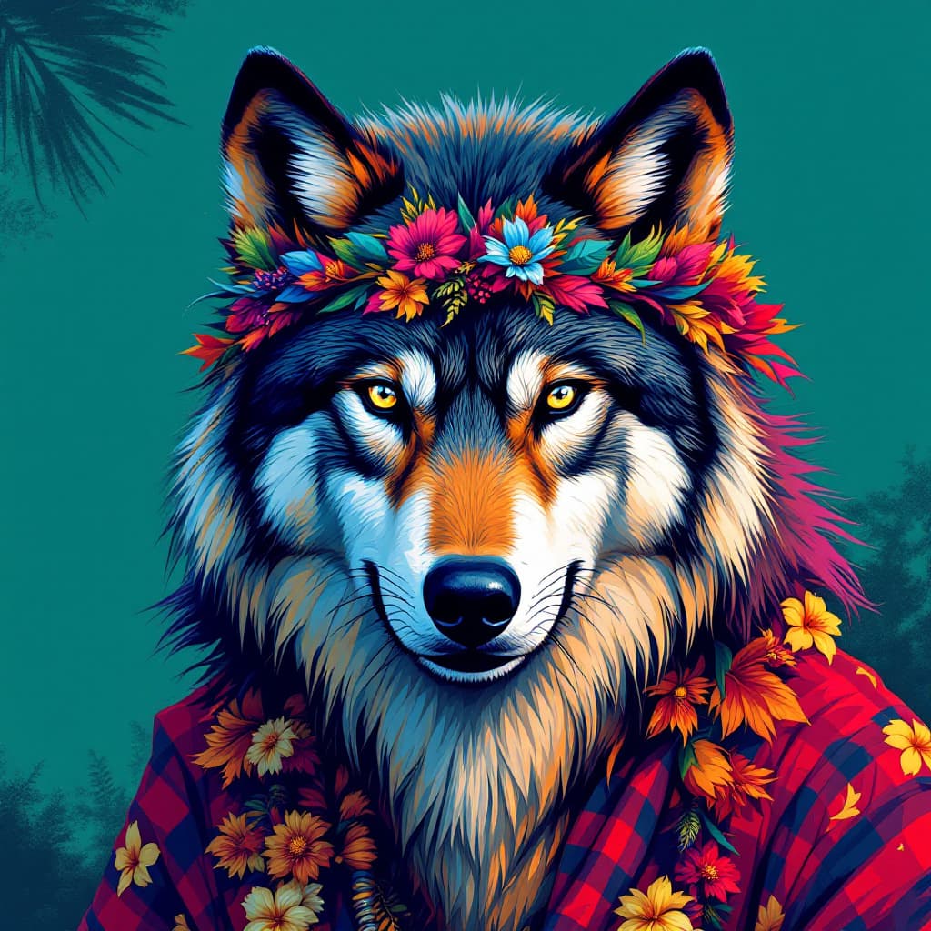 AI generated: Hawaiian artists, modern portrait series of a Wolf in colorful wear, in the style of aggressive digi...