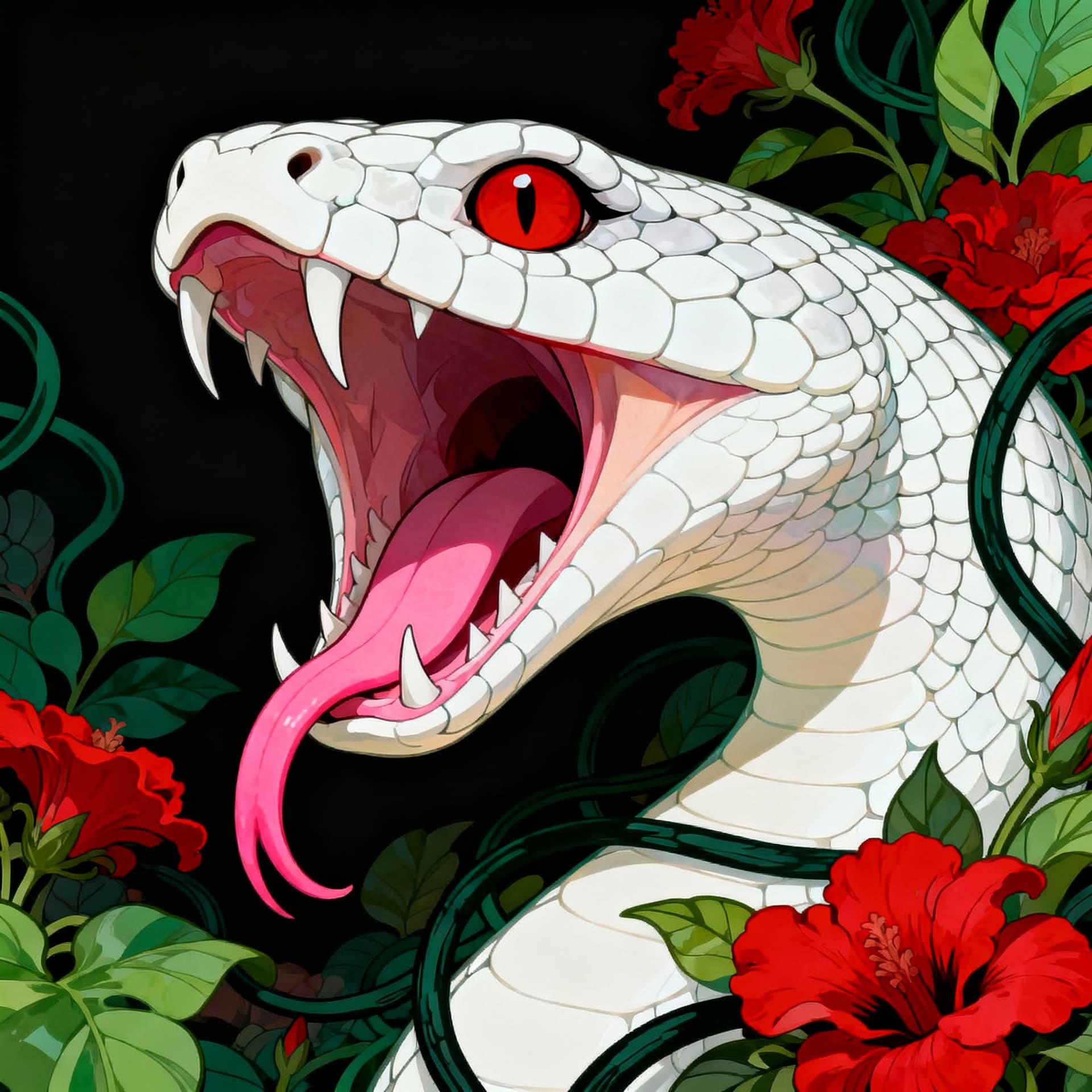 AI generated: A large snake head, white skin with textured scales, mouth open wide, exposing sharp teeth and a lon...
