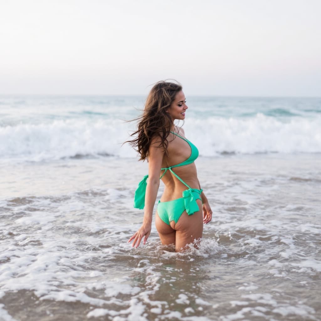 AI generated: girl at beach with green bikini



