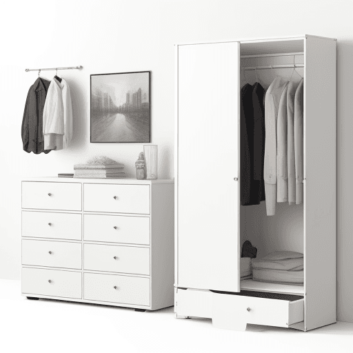 AI generated: A mixture of furniture, with white background
contains items like wardrobe, table, chairs, bed coat....