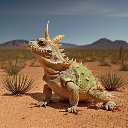 AI generated: ultra realistic photo of a horned lizard with Mexican hat and whiskers and leather boots standing on...