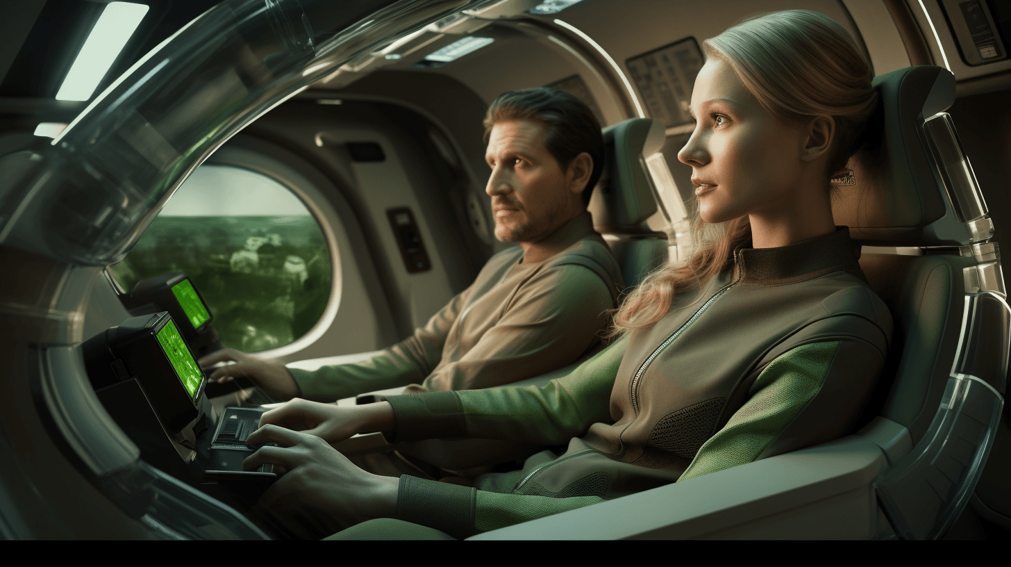 AI generated: general view of the interior of a spaceship with some windows to observe the outside, inside a man a...
