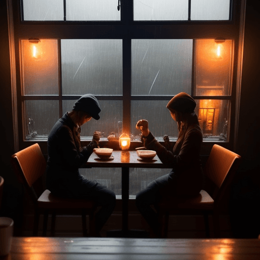 AI generated: A small cafe with a window view with candle light  with two cup of hot coffee on a rainy day which c...
