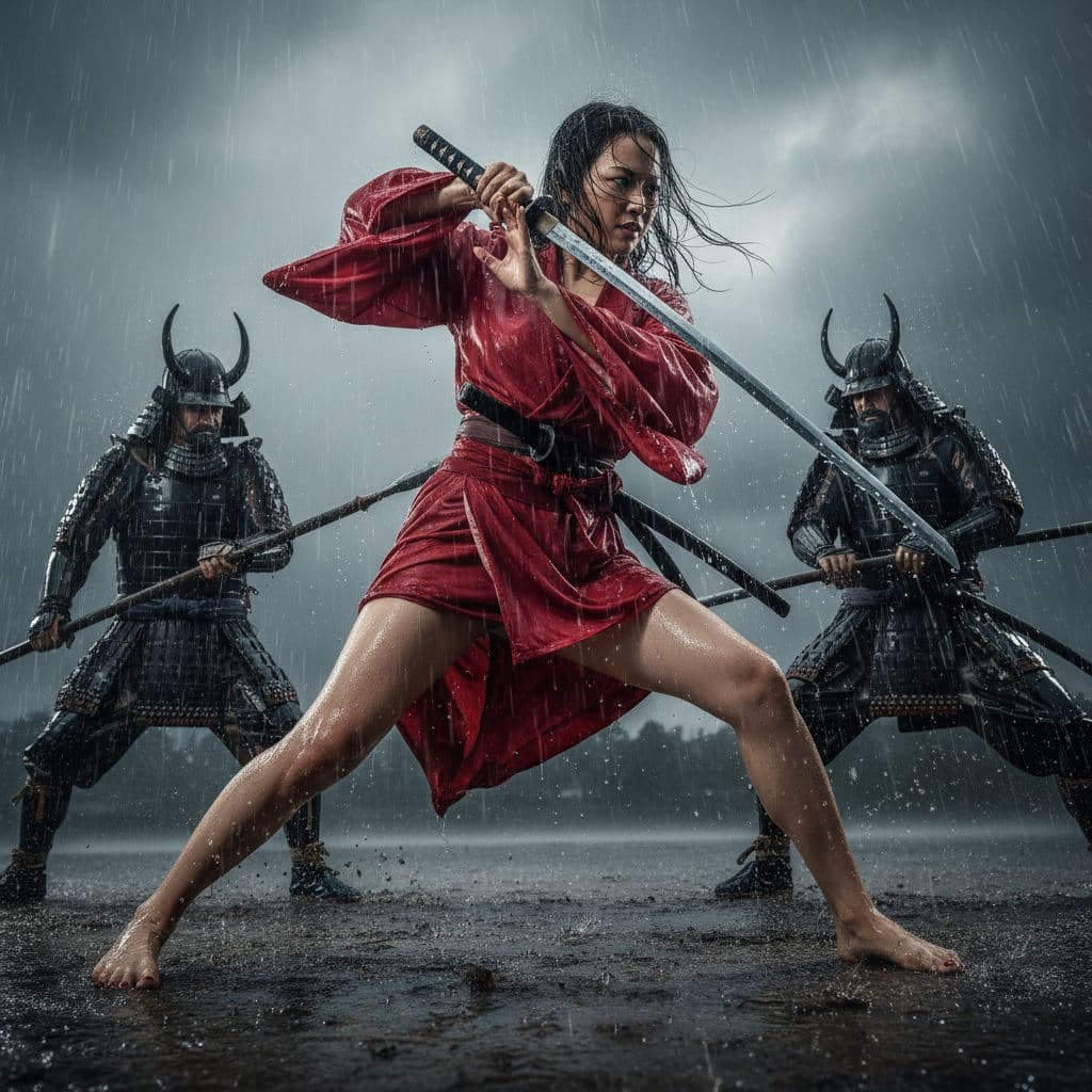 AI generated:  A beautiful Japanese female warrior,  wearing a short red kimono, blown wide open by the wind.  Ski...