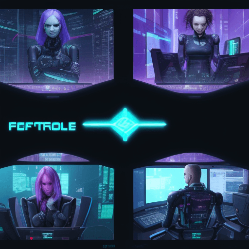 AI generated: A team of people who manages code. Futuristic, cyberpunk.