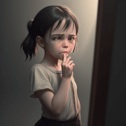 AI generated: Photo of a ultra realistic little girl, tasteful pose, oiled, standing for mirror, smug, crying, dra...