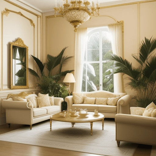 AI generated: Image of a beautiful room with a large ivory sofa, sand-colored walls, plants and many lights with a...