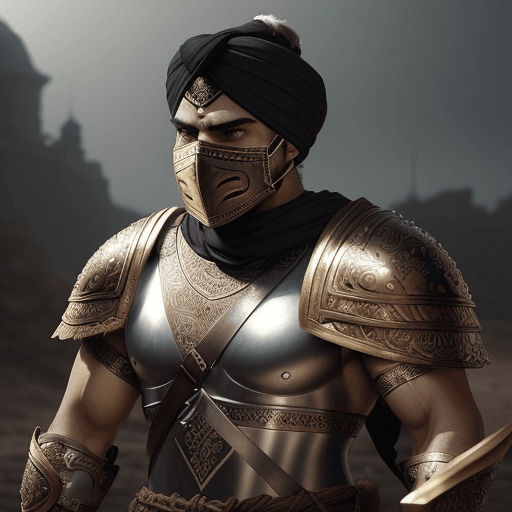 AI generated: Male Persian warrior in a battleground, wearing a full battle face mask, helm, and turban, facing th...