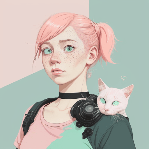AI generated: An illustration of a man 
girl with pink hair, in the style of Flat shading, Gemma Correll, with fre...