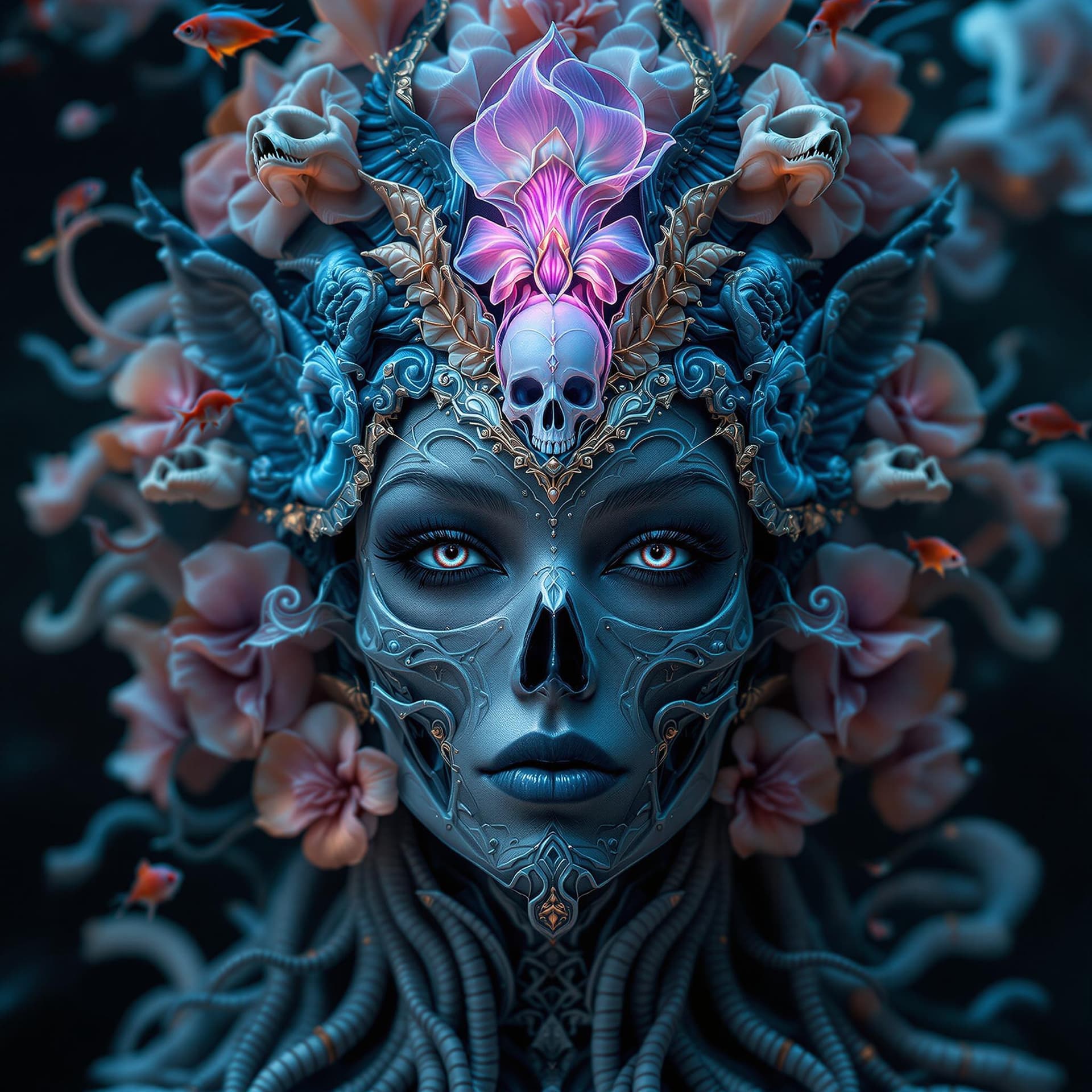 AI generated: Goddess close-up portrait ribcagel. jellyfish phoenix head, nautilus, orchid, skull, betta fish, bio...