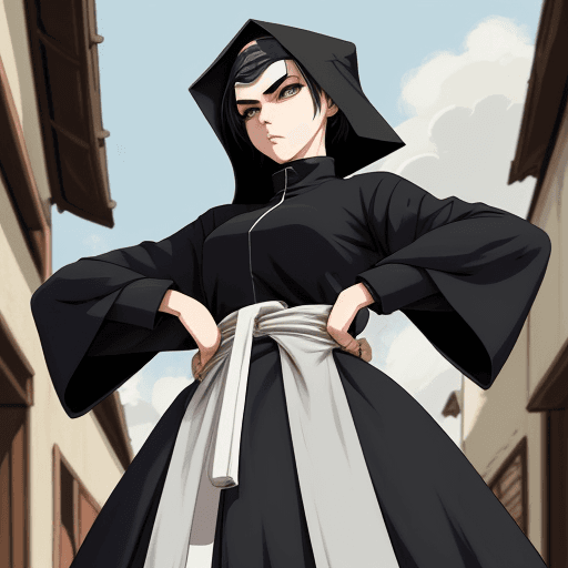 AI generated: bauhaus style clothe, big clothes, cool anime style, character, village center background, medieval,...