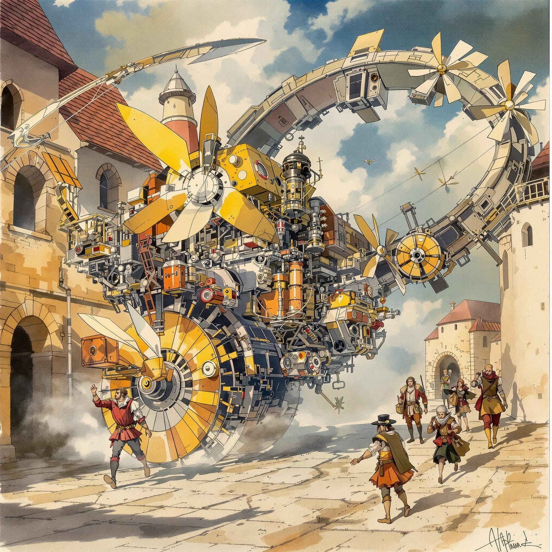 AI generated: Medieval scene, detailed oil color pencils and wet-on-wet colored ink  wash sketch of what life may ...