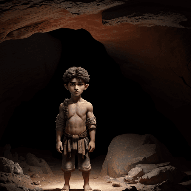 AI generated:  a young prehistoric boy stands in a cave, frontal view, 8k