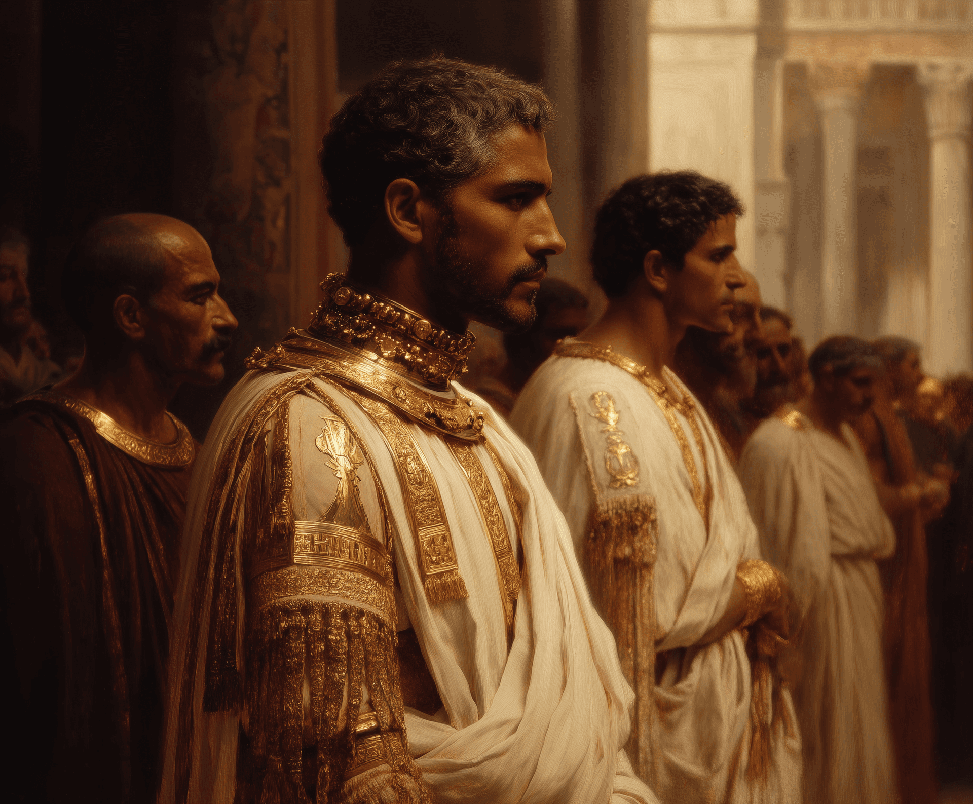 AI generated: group of men in ancient rome 16:9 --chaos 40 --ar 6:5 --style raw --profile 8dtrl7a --stylize 450 --...