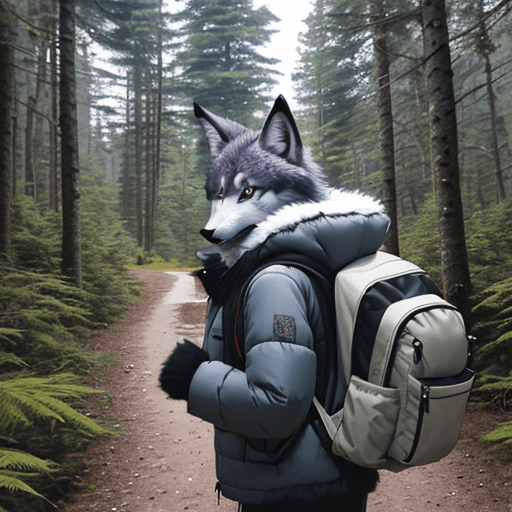AI generated: furry, fursona, anthro, wolf male, anthropomorphic, clothed, puffy jacket, backpack, (subject on the...