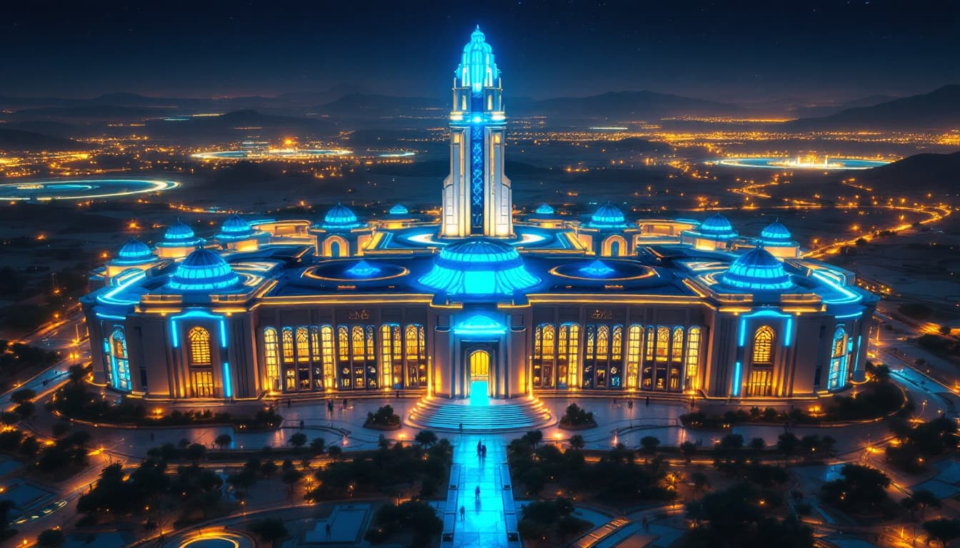 AI generated: The Central bank as seen from above : this imposing building in the busy center of a futuristic city...