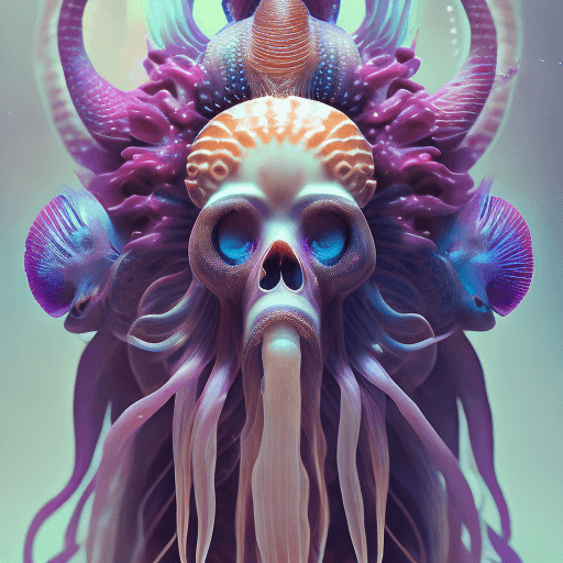 AI generated: Goddess close-up portrait ribcagel. jellyfish phoenix head, nautilus, orchid, skull, betta fish, bio...