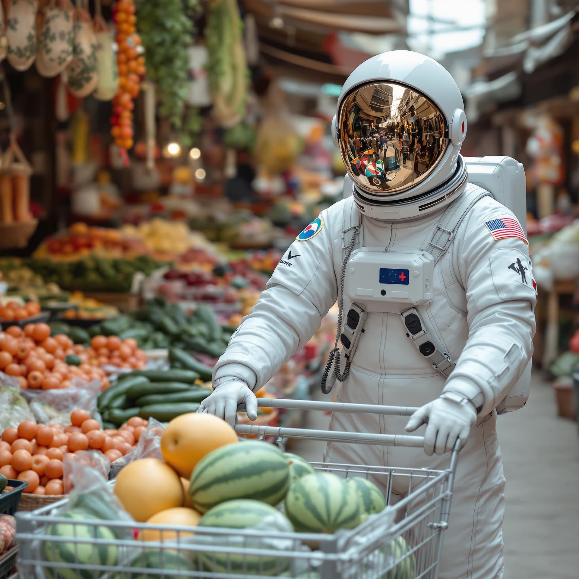 AI generated: The image captures a person wearing a full astronaut suit with a reflective visor, shopping in a tra...