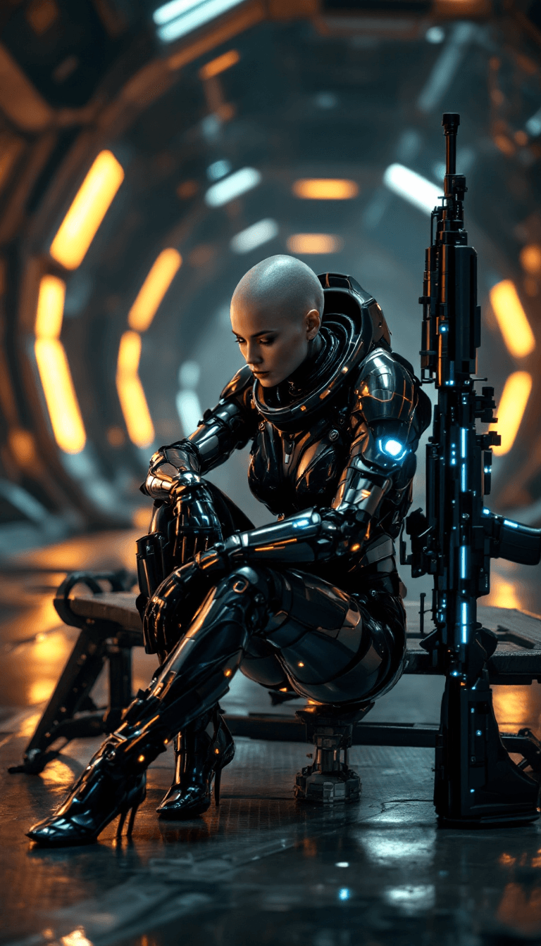 AI generated: Full-body view of a stunning, photorealistic image of a sci-fi warrior, clad in a sleek, high-tech s...