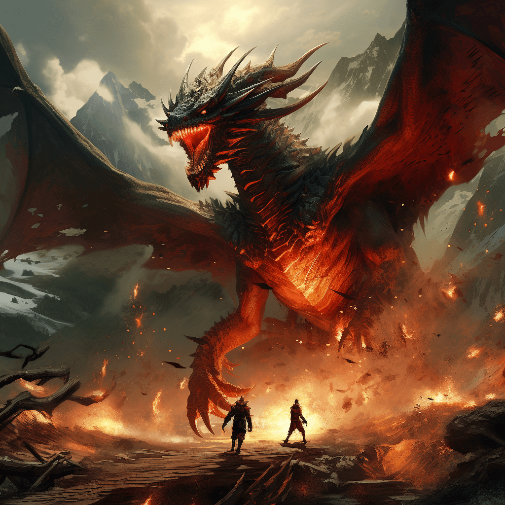 AI generated: There is a large red dragon flying above them, Over the emerald mountain, epic, flaming charging thr...