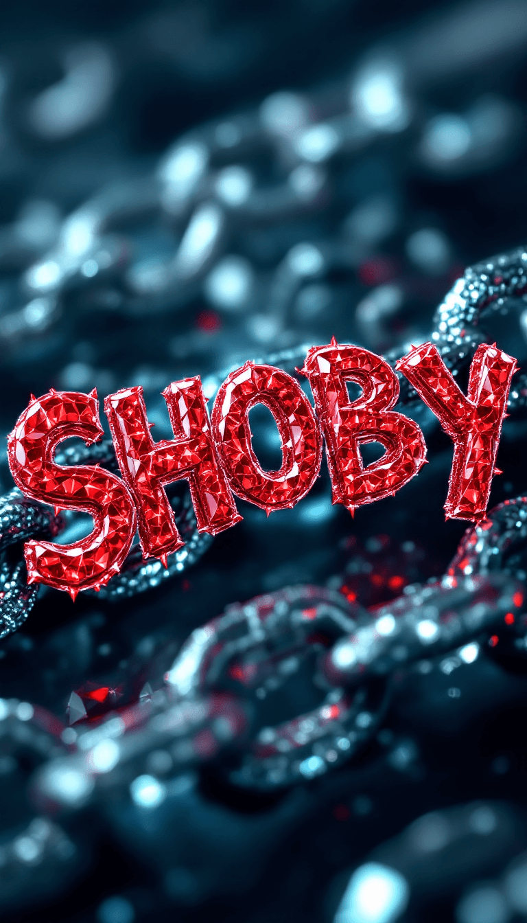 AI generated: big diamond ice out cuba chain. On the Chain  is the text: SHOBY" in a abstract red diamond font sty...