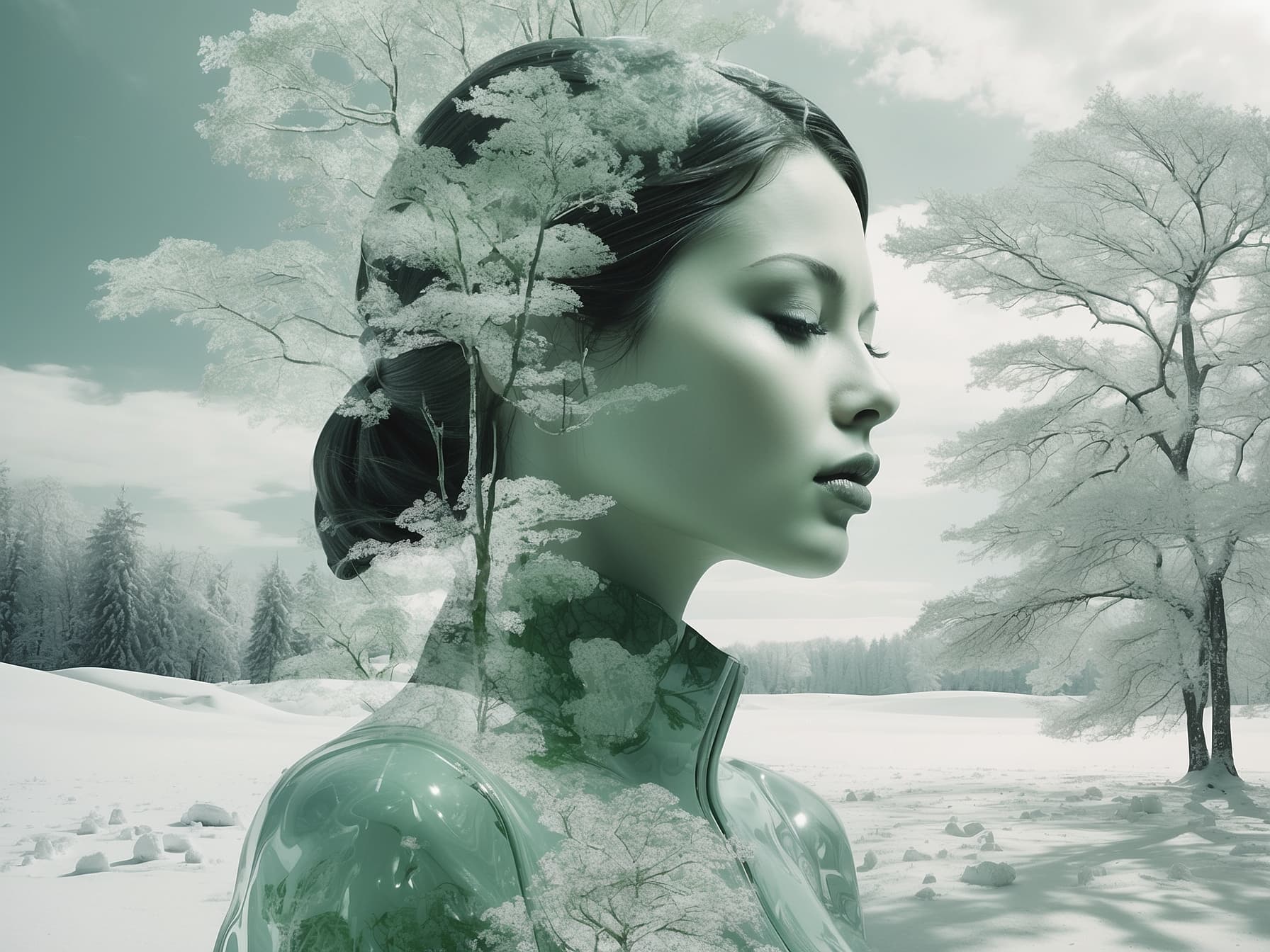 AI generated: a woman with her eyes closed standing in the snow, an ambient occlusion render by Igor Morski, cgsoc...