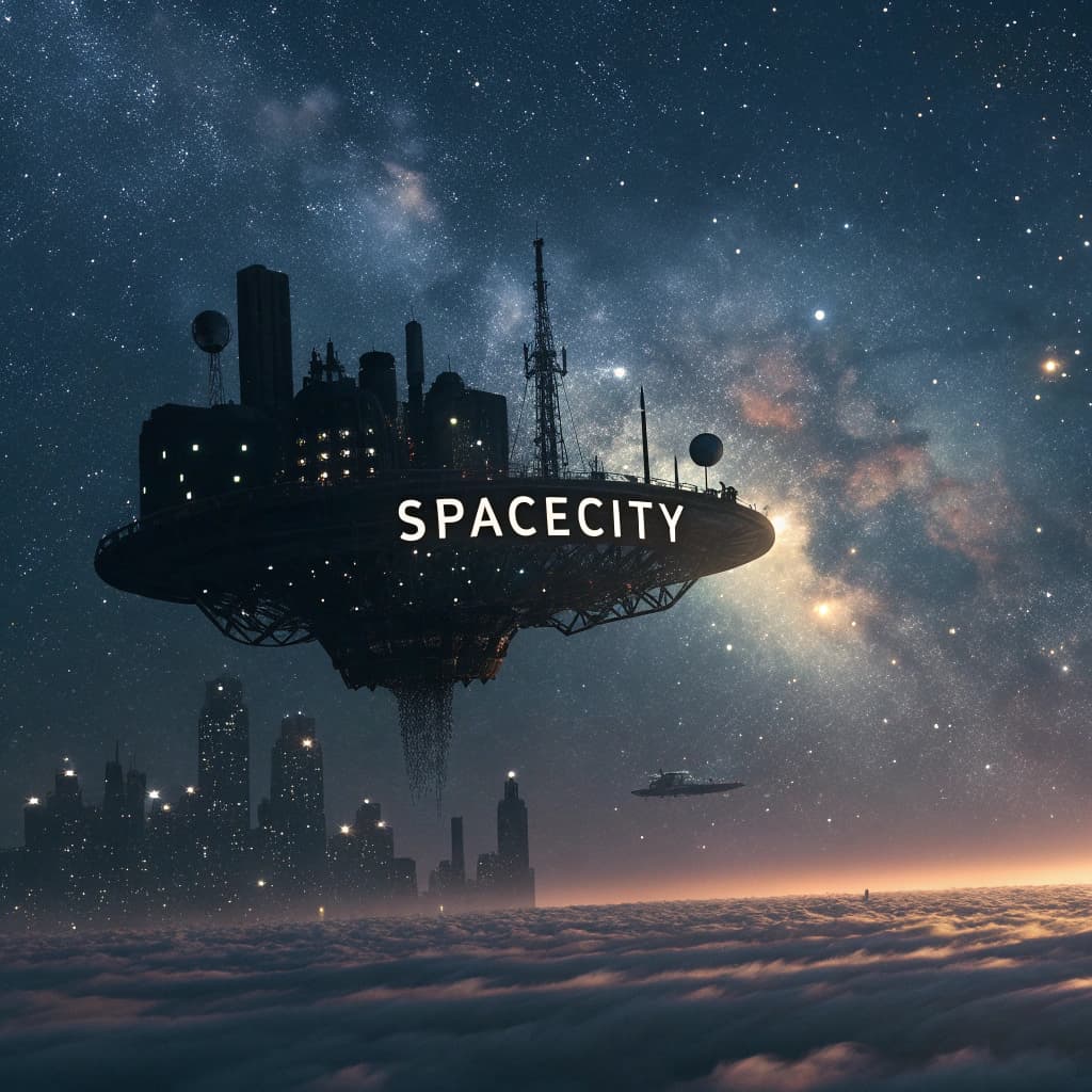 AI generated: spacecity, above space dust, (floating spacecity in the deep space:1.5), spacecity lights, cityscape...