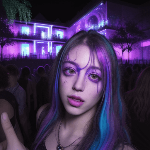 AI generated: Hyper realistic eye level exterior photo of a person dacing on a psytrance party, night, psychedlic,...