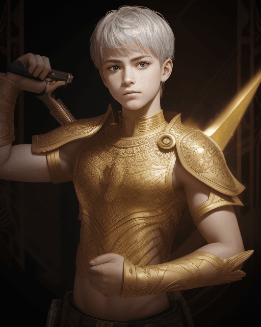 AI generated: GILGAMESH 1boy; portrait with several yellow portals behind him, holding a small silver pistol