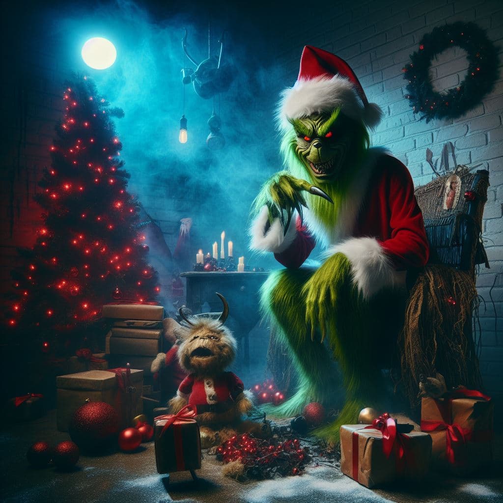 AI generated: nightmare version of the Grinch.different disturbing christmas scene,very high detailed cinematic, d...