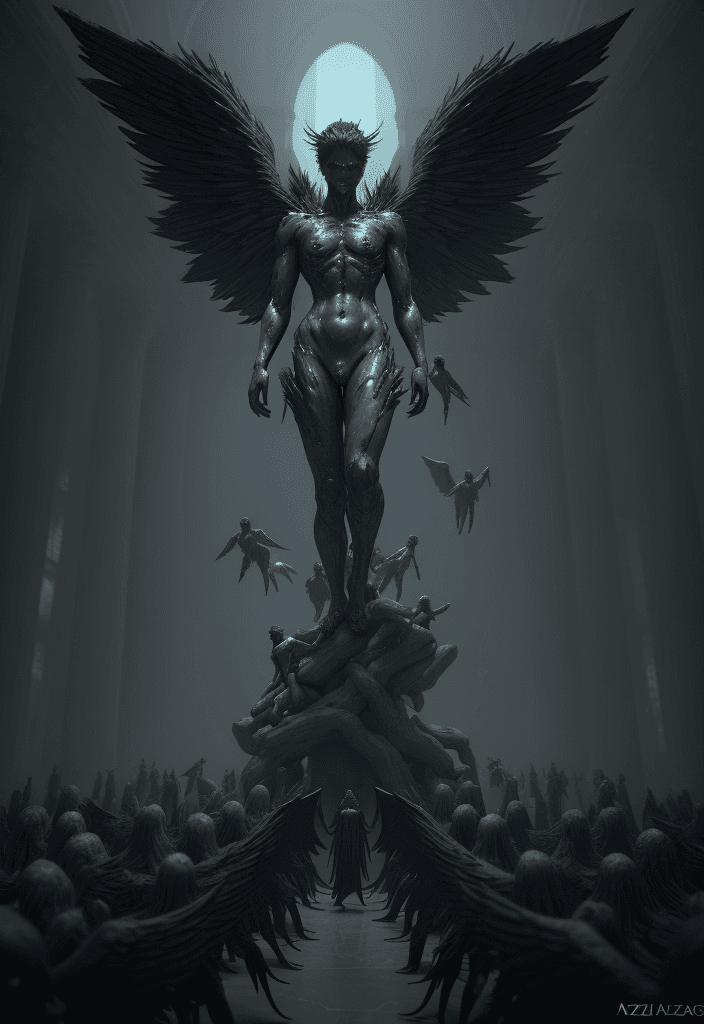 AI generated: Create a 3D render of a group of 200 fallen angels standing in the realm of the Watchers, using Unre...