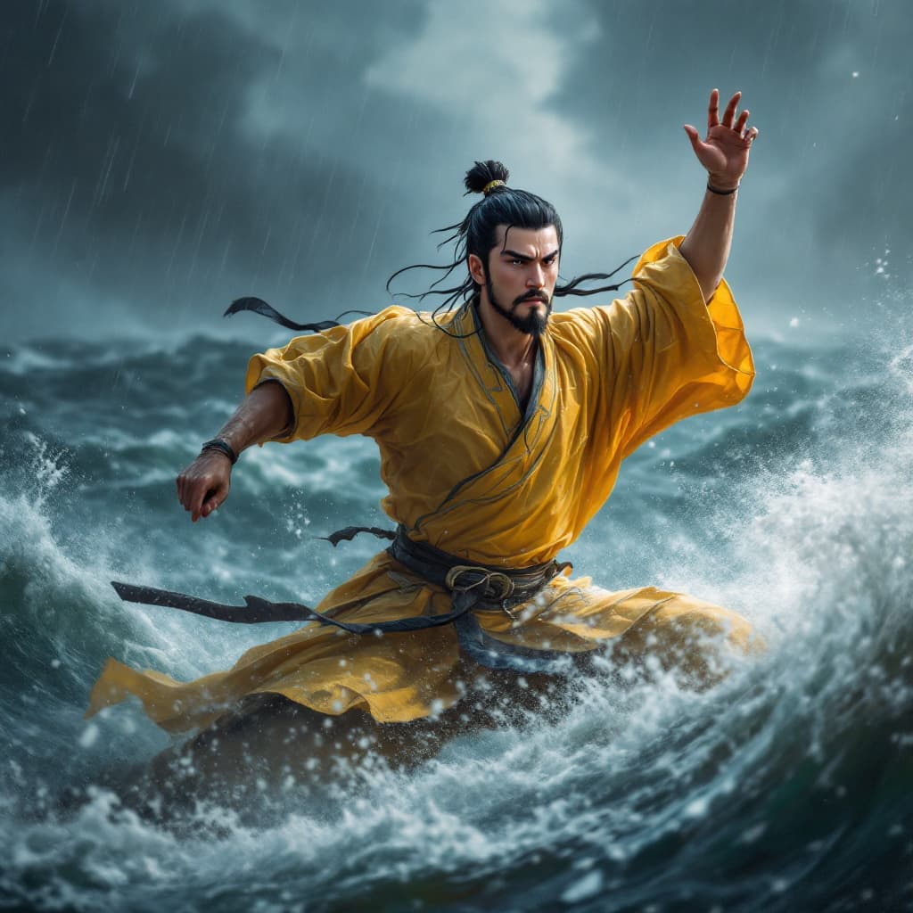 AI generated: A young warrior, short hair, short beard, in ancient China  and wearing yellow Hanfu is fighting on ...