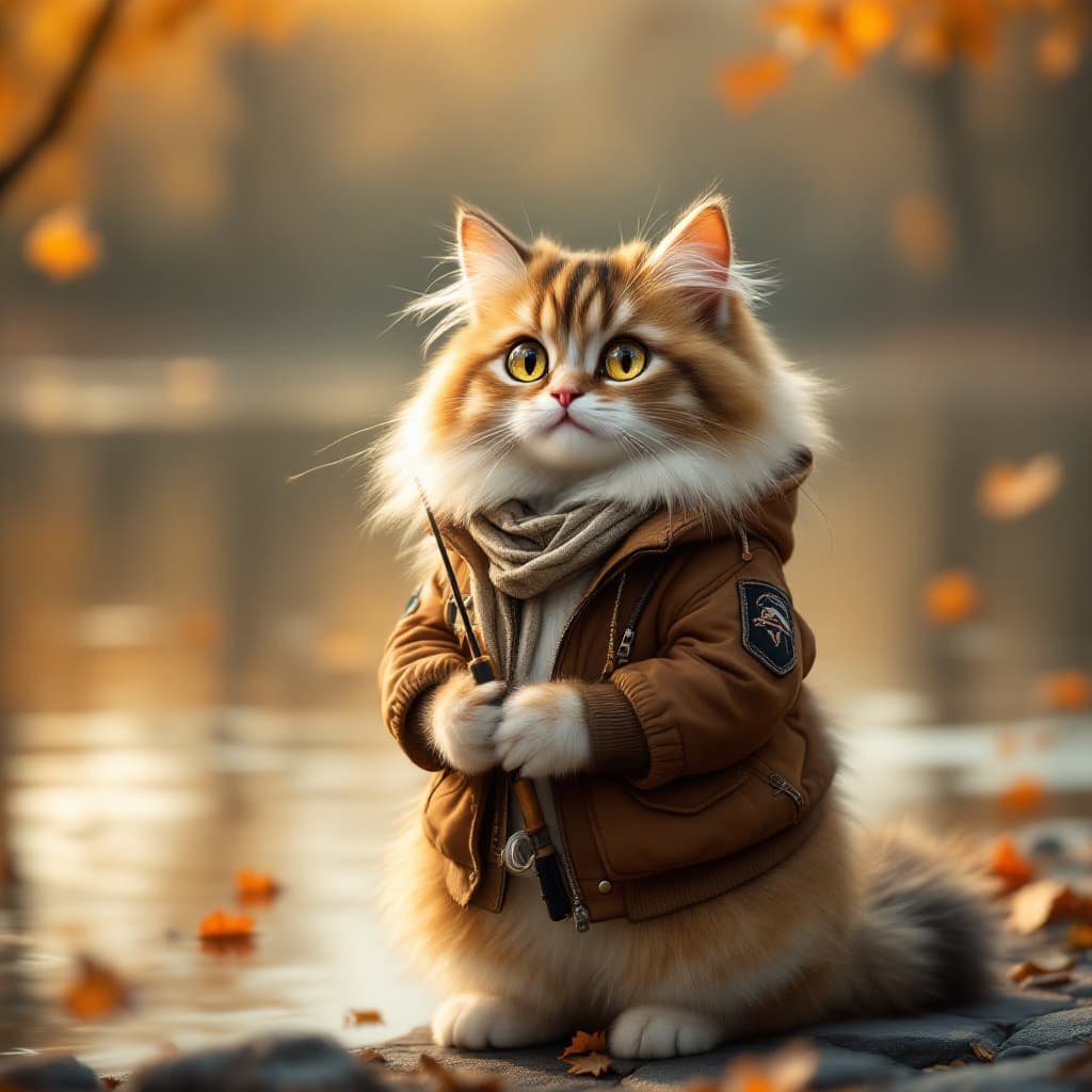 AI generated: A fluffy, long-haired cat with golden brown, white, and black fur, standing upright in an urban envi...