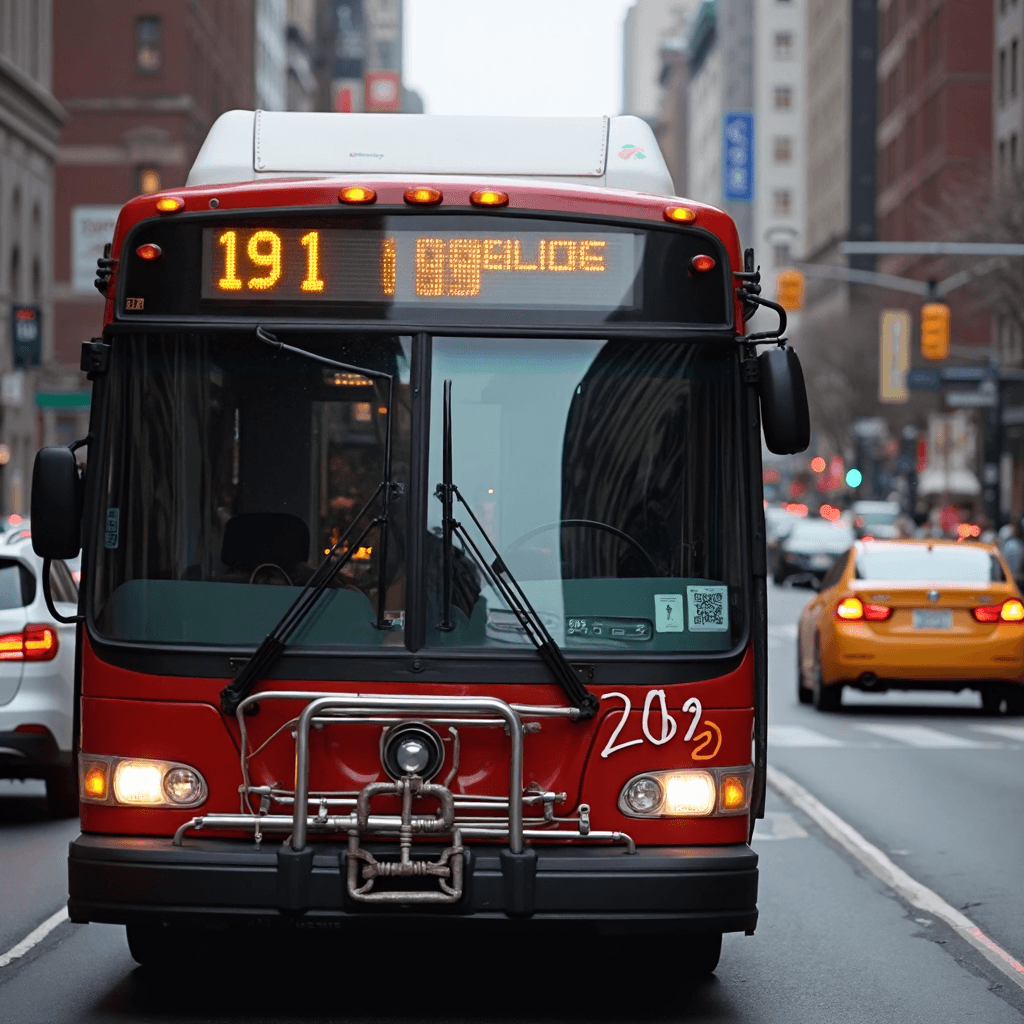 AI generated: a bus with route number "191" written on it info panel stacked in busy traffic jam  new-york street