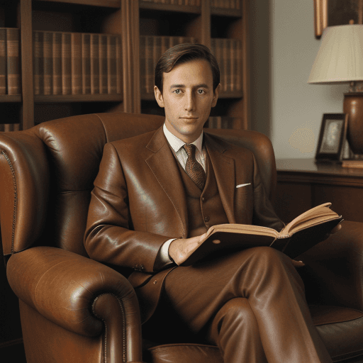 AI generated: a portrait of a lawyer doing his reading, classic suit, old book, classic setting, english brown lea...