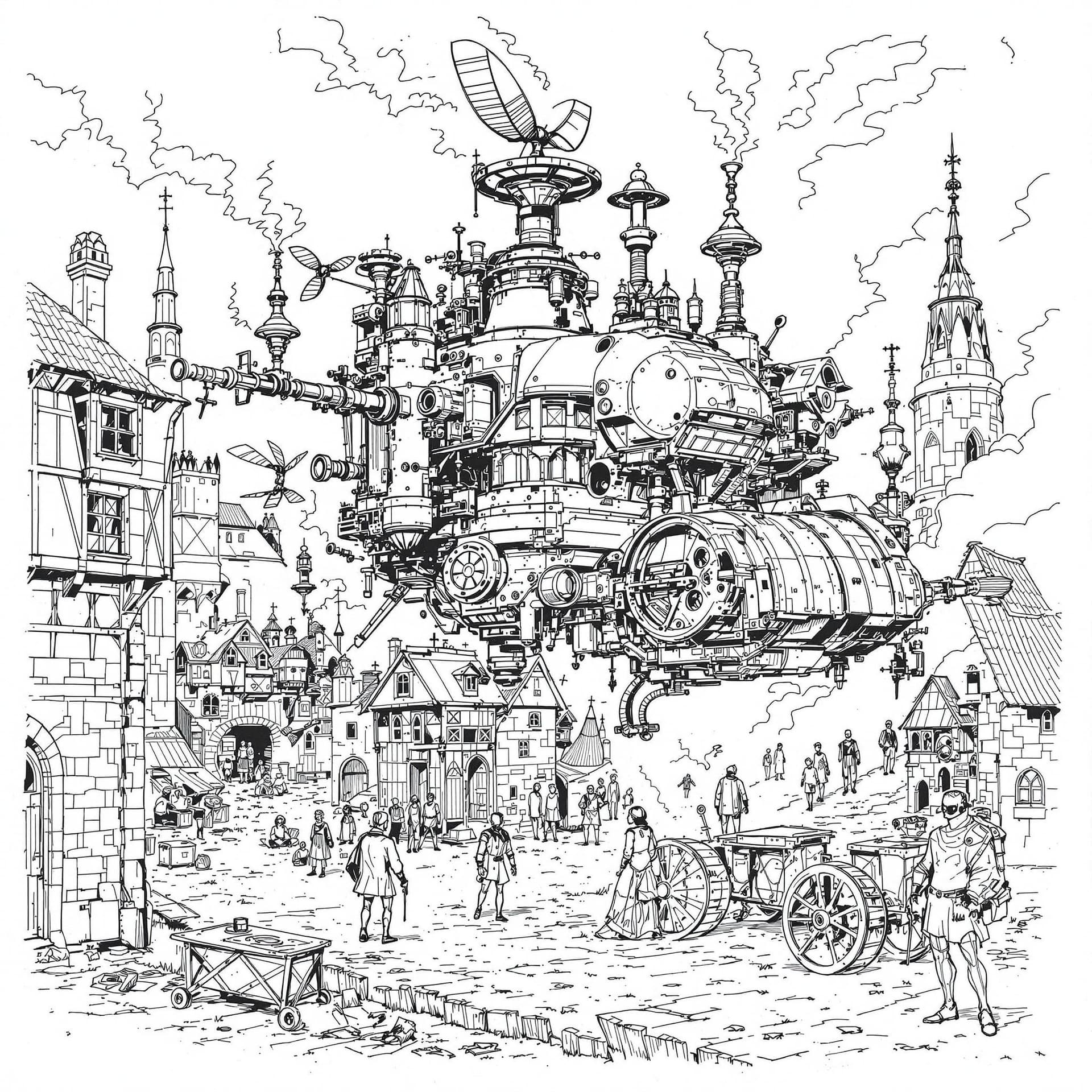 AI generated: Medieval scene, detailed pencil and ink sketch of what life may be like in the future from a 16th ce...