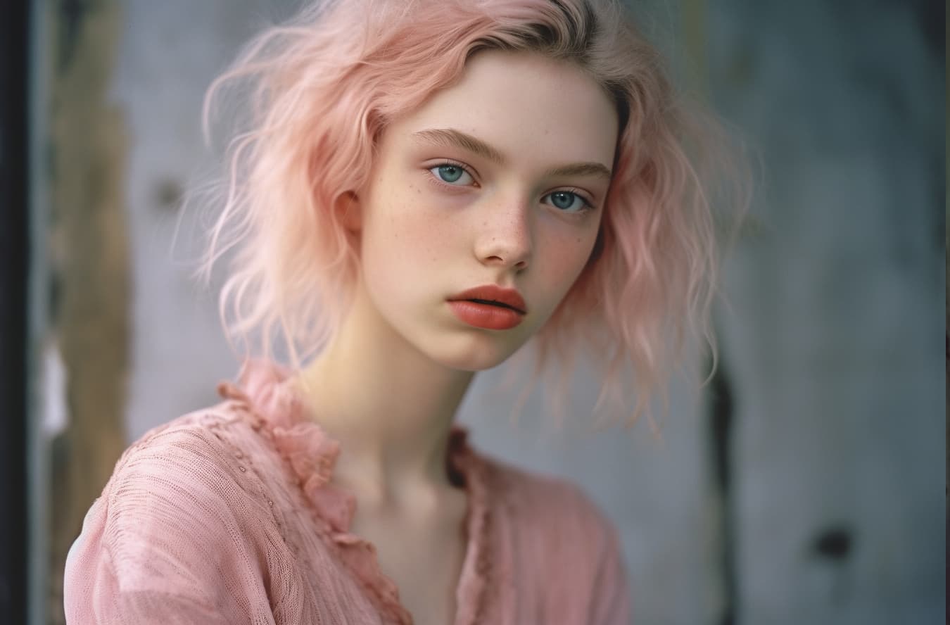 AI generated: a woman in a pink dress posing for a picture, malnourished, davide sorrenti, young female face, attr...