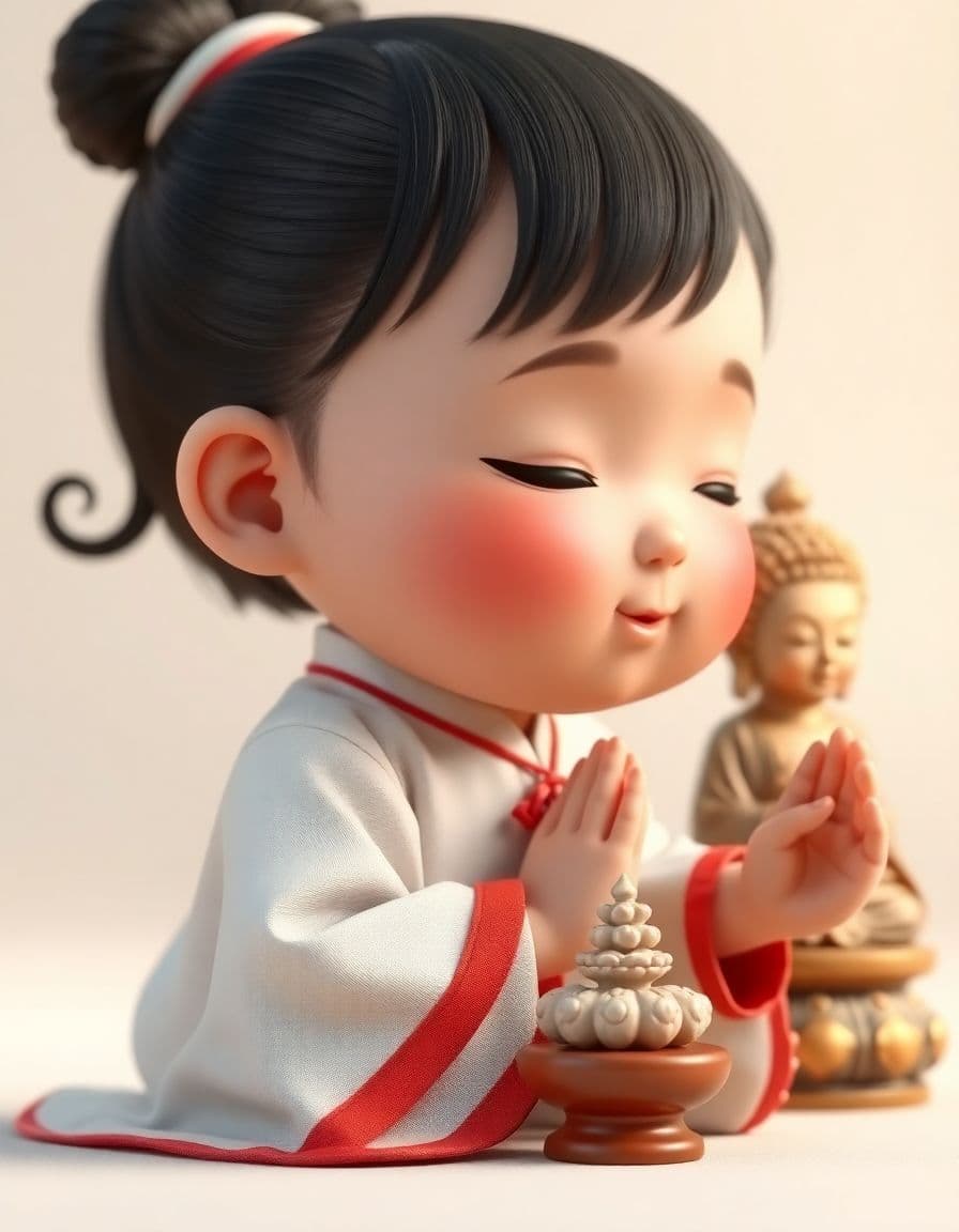 AI generated: whimsical Realistic of Pixar,Bryce 3D,side-view,a kawaii, chubby-cheeked Asian baby girl kneeling in...