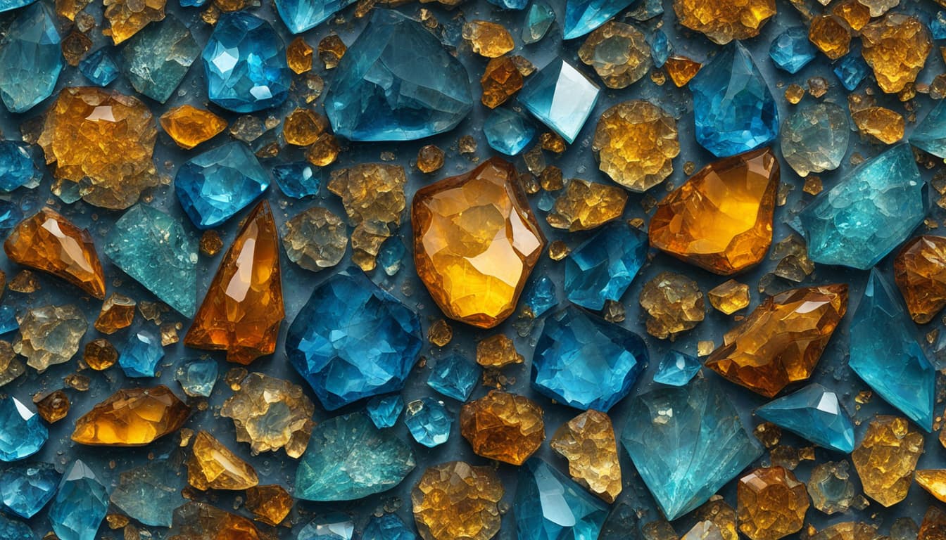 AI generated: extremely grunge style detailed CGI wallpaper, multi-textured, dazzling , blue topaz, amber, Swarovs...