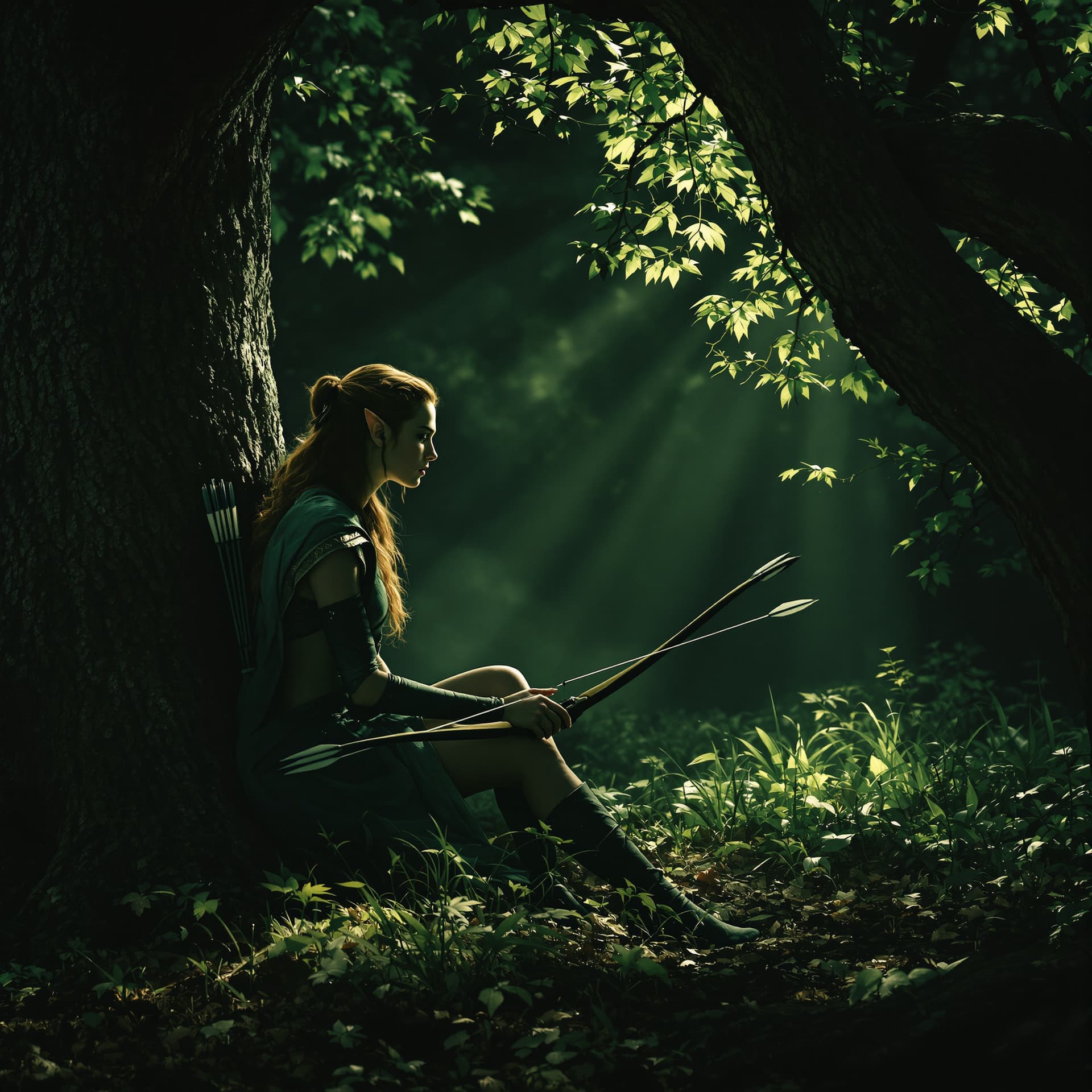 AI generated: female lord of the rings warrior elf sitting under a tree in Lothlórien, watching and expecting an i...