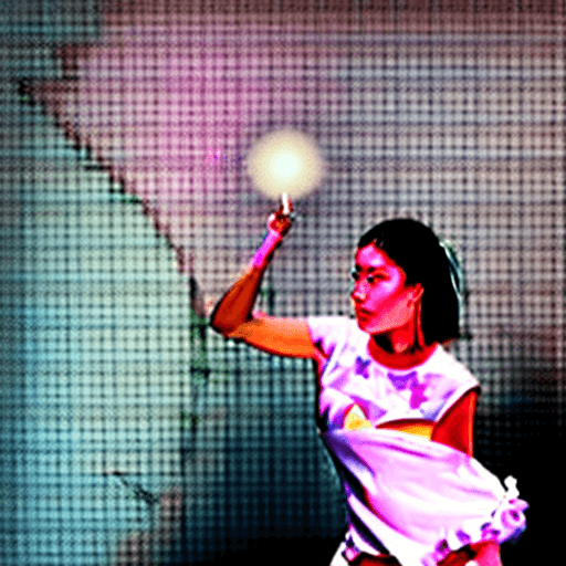 AI generated: blacklight, (beautiful young Korean woman, with white hair in a braided ponytail, wearing a white te...