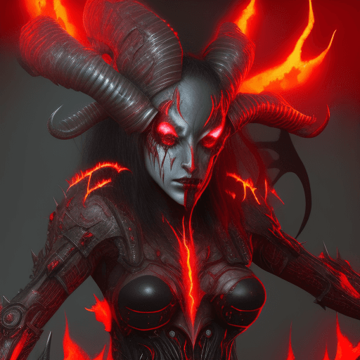 AI generated: Cybernetic demon woman with large ram horns on her head and bits of black metal poking through her r...