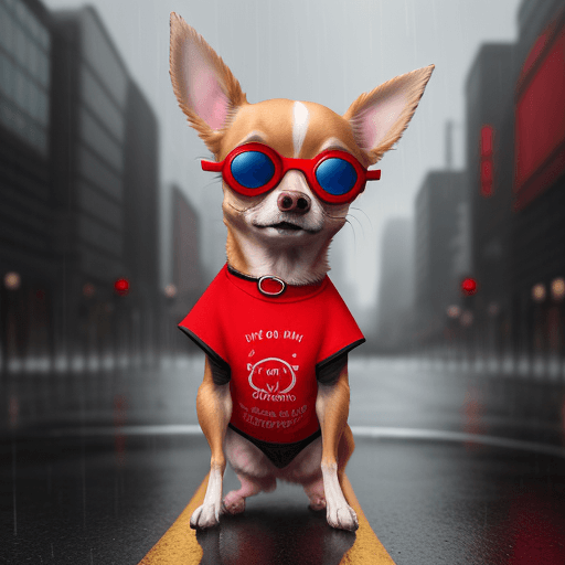 AI generated: Chihuahua dog, red, one eye blue, the other brown, wearing a virtual glasses , and a cool shirt, sta...
