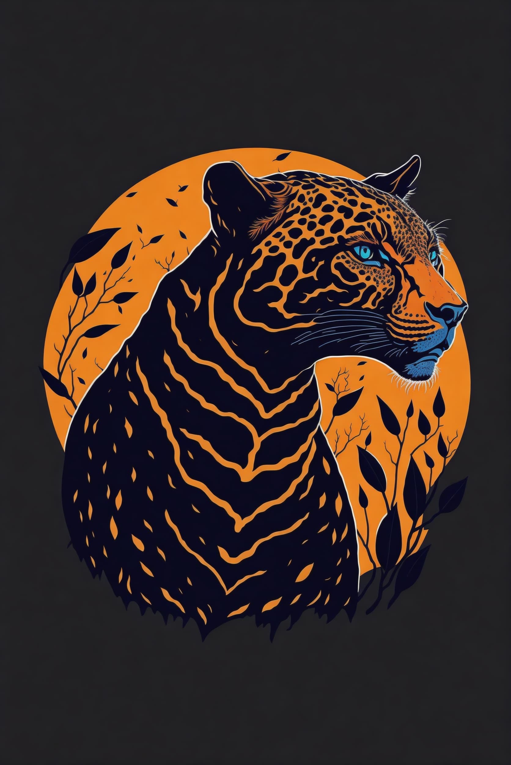 AI generated: a  silhouette design of a jaguar,  with defined sharpen eyes, sunset design, t- shirt art, 3D vector...