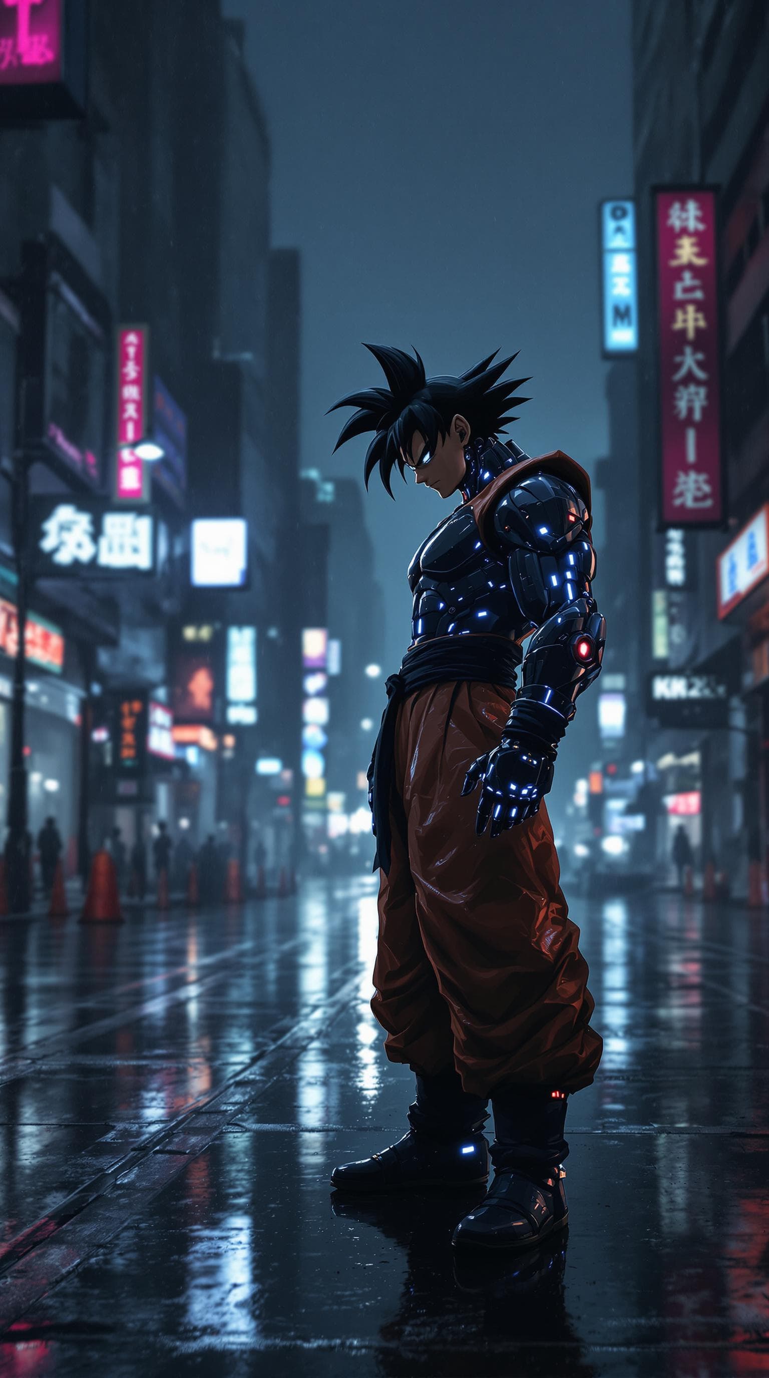 AI generated: Cyborg version on Goku standing in the street of a dark rainy neon dystopian city, blade runner tone...