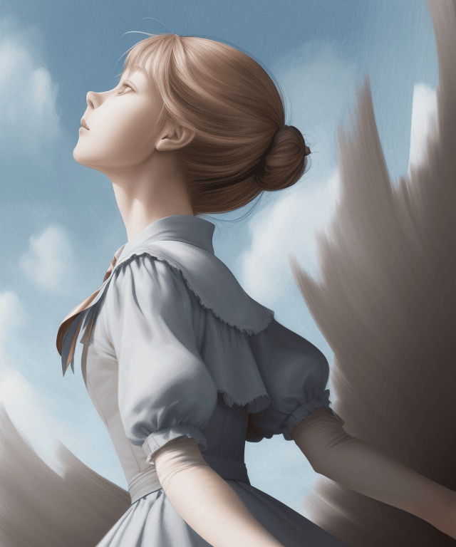 AI generated: realistic drawing alice slowly falling from the sky facing upward seen from her profile