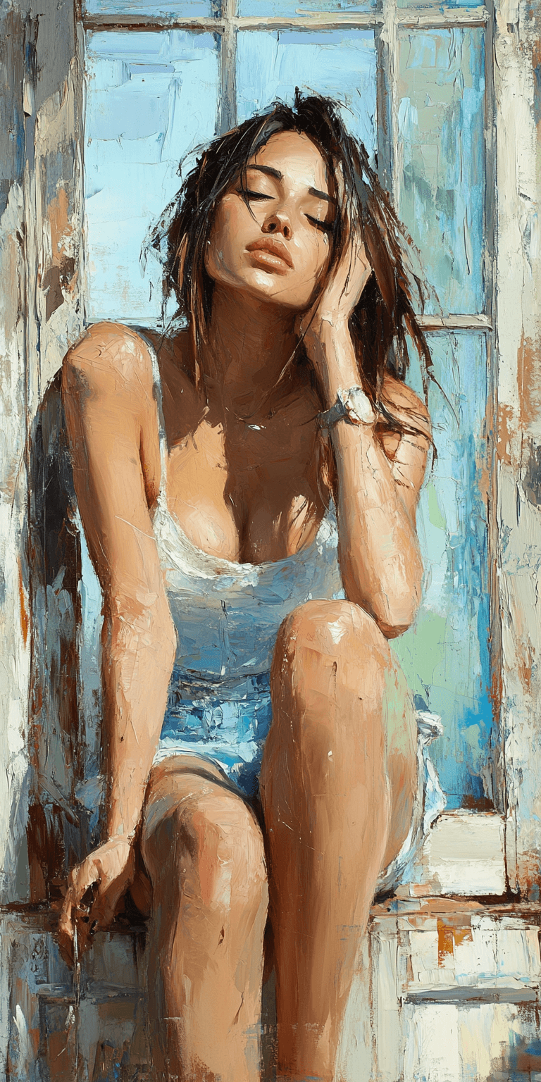 AI generated: a painting of a woman sitting near a window, in the style of beautiful women, playfully intricate, h...