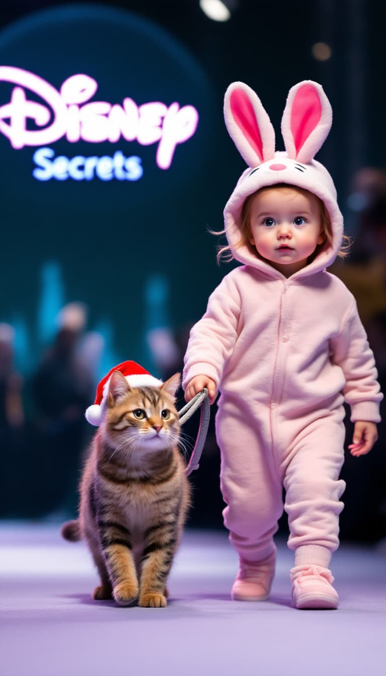 AI generated: A baby dressed in bunny pajamas leads a pet cat on a leash while walking at a Disneyt fashion show, ...