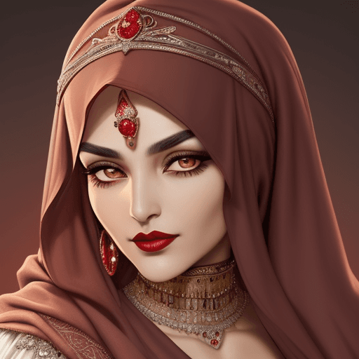 AI generated: An elderly Arabian Princess with a ornate headscarf, with matching shawl and jeweled tiara.  She loo...