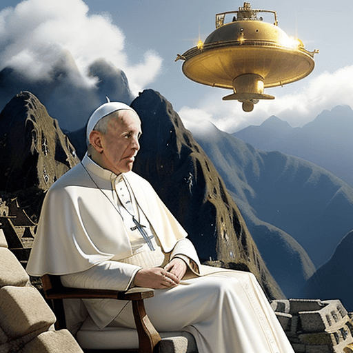 AI generated: a realistic watercolor fantasy painting of a golden ufo hovering over machu picchu, in the foregroun...